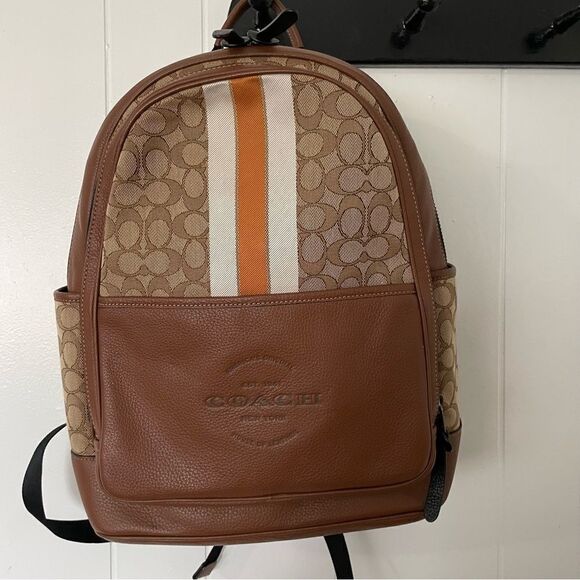 Coach brown leather adjustable stripped logo canvas medium backpack - Picture 1 of 9